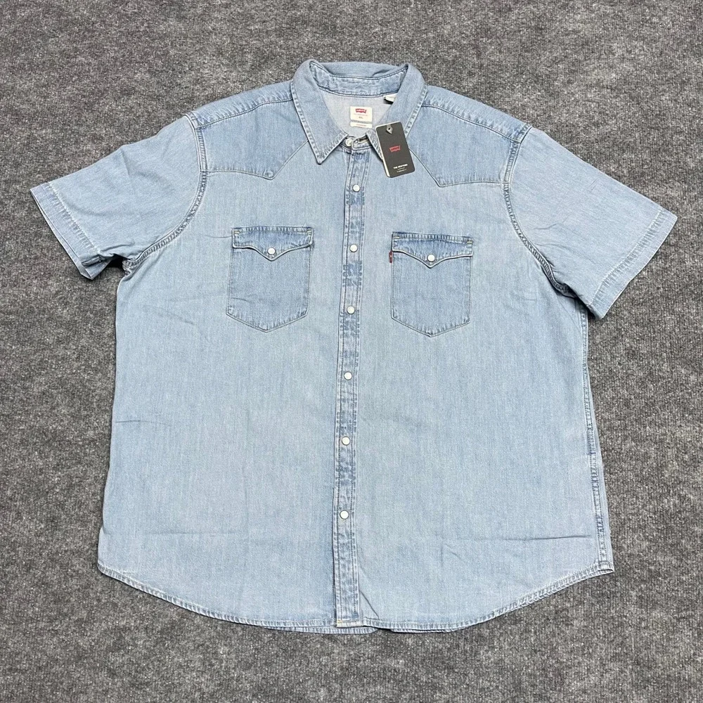 Levis Shirt Mens XXL 2XL Blue Denim The Western Standard Fit Short Sleeve Snap